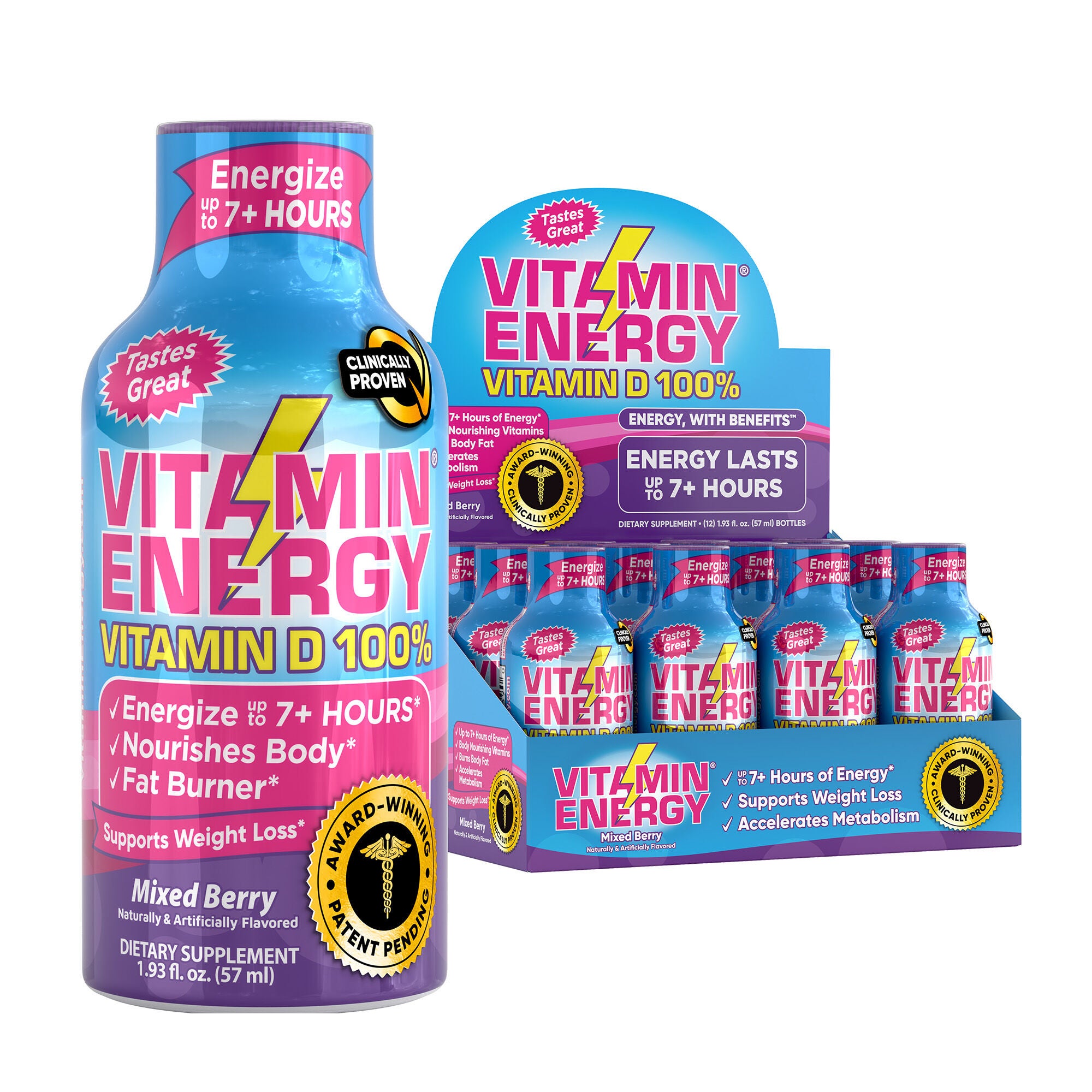 Vitamin Energy D 100% Liquid Supplement -Berry - 1.93 Oz. (12 Bottles) Zero Sugar